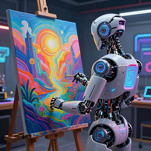 Photorealistic CGI of a white, glowing robot painting a vibrant, psychedelic sunburst on an easel in a modern, neon-lit studio.