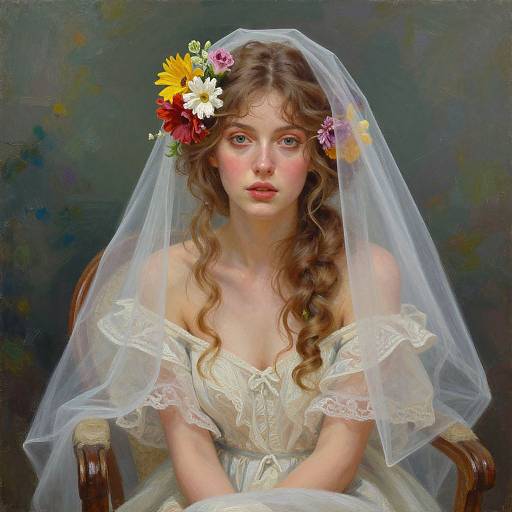 Digital painting of a young, fair-skinned, blue-eyed bride with curly brown hair, wearing a white lace dress and veil adorned with colorful flowers,