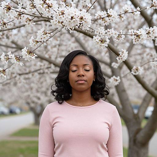 Photograph of a serene Black woman with wavy black hair, wearing a light pink long-sleeve top, standing under blooming cherry blossom trees
