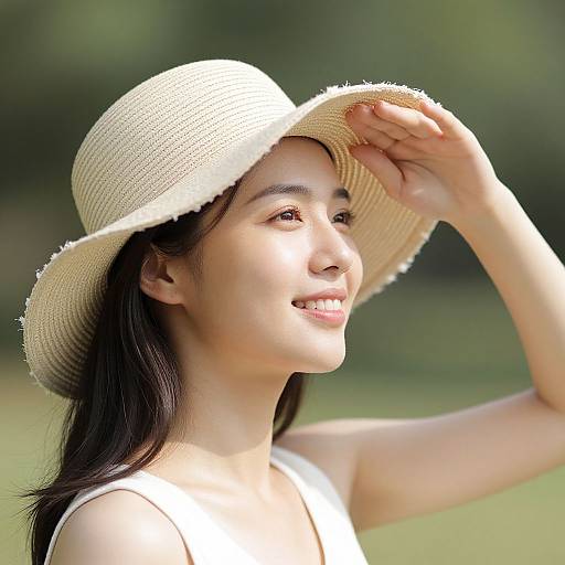 Photograph of a smiling Asian woman with fair skin, wearing a white sunhat and sleeveless white top, standing outdoors in sunlight.