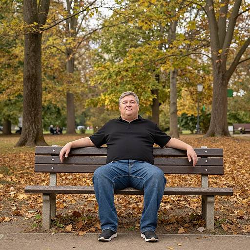 Photograph of a middle-aged man with short gray hair, wearing a black polo shirt and blue jeans, sitting relaxed on a wooden bench in a park
