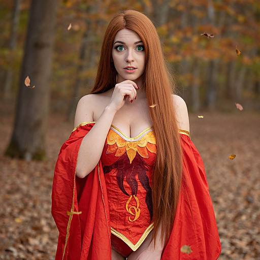 Digital artwork of a fair-skinned, red-haired woman with green eyes, wearing a red, off-shoulder corset with gold accents, standing