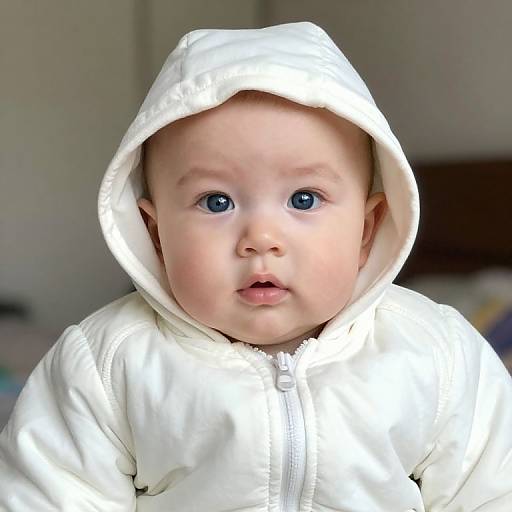 Photograph of a baby with blue eyes, wearing a white hooded jacket, gazing directly at the camera with a neutral expression.