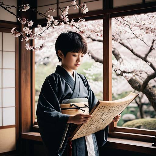 Young Boy in Kimono Reading Ancient Scroll
