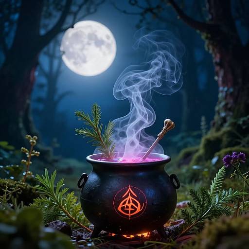 Mystical forest scene at night with a glowing full moon. A black cauldron with red symbol, smoky pink potion, and wooden stirring