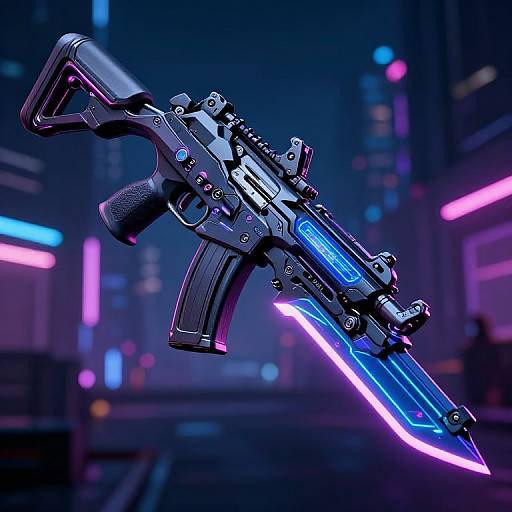 Glowing, futuristic, sci-fi handgun with neon blue and purple accents floating in a neon-lit, cyberpunk cityscape at night. CGI
