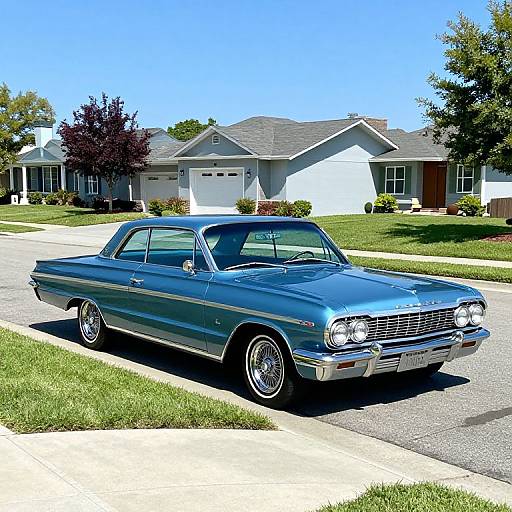 Photograph of a shiny blue vintage 1960s sedan parked on a suburban street in front of a single-story, white house with a gray roof