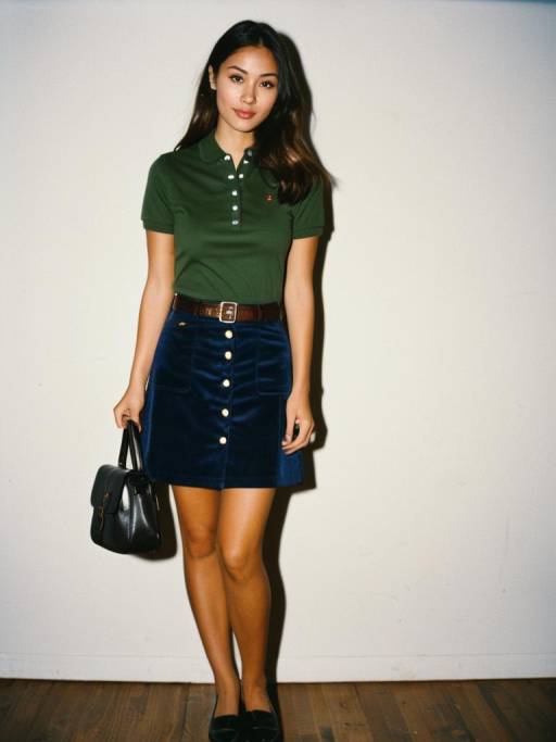 Woman in Casual Chic Outfit with Navy Blue Corduroy Skirt