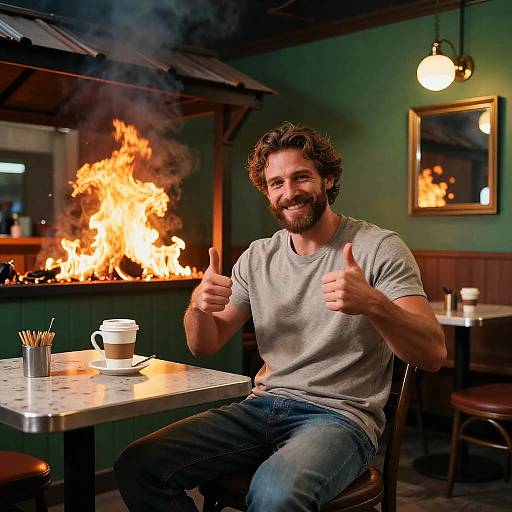 Realistic Harold in Fiery Restaurant Setting