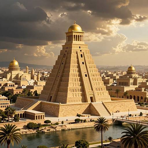 Photograph of Dubai's iconic Al Fahidi Fort with golden dome, surrounded by desert-style architecture, palm trees, and reflective water, under dramatic,