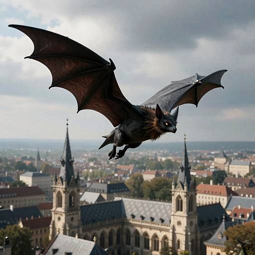 Dark Bat Creature Over Gothic Cityscape