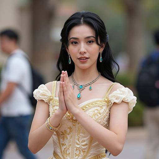 Photograph of an Asian woman with long black hair, wearing an ornate gold and white dress, turquoise jewelry, and hands in prayer pose, standing