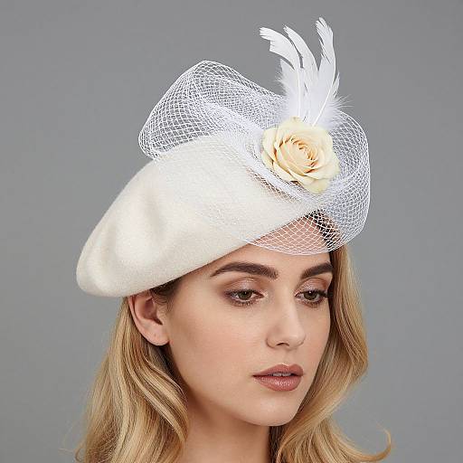 Photograph of a blonde woman with fair skin, wearing a white fascinator hat with a cream rose and white feathers, against a gray background.