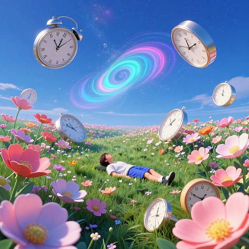 Digital artwork of floating clocks above a colorful flower field under a bright blue sky with a glowing galaxy. A person lies on the grass, surrounded by pink