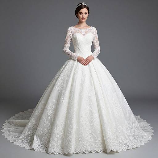 Photograph of a fair-skinned woman with dark hair in an elegant white lace wedding gown with long sleeves and a full skirt, standing against a gray