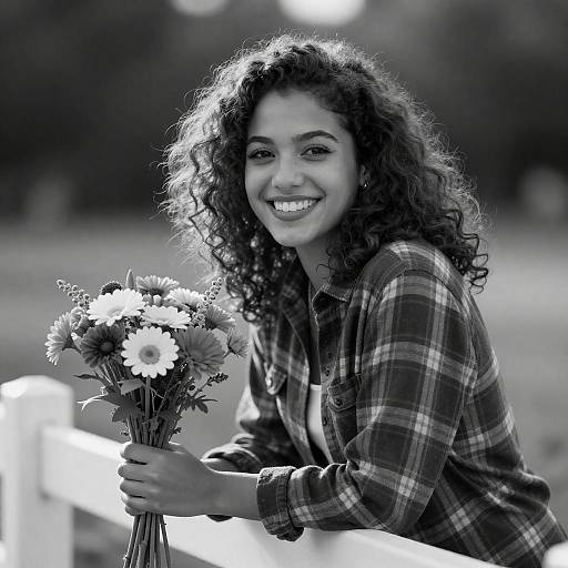 Smiling Young Woman with Flowers and Fence
