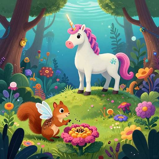 Whimsical digital illustration of a white unicorn with a pink mane, standing in a colorful forest, while a fairy-winged red squirrel eats a pink