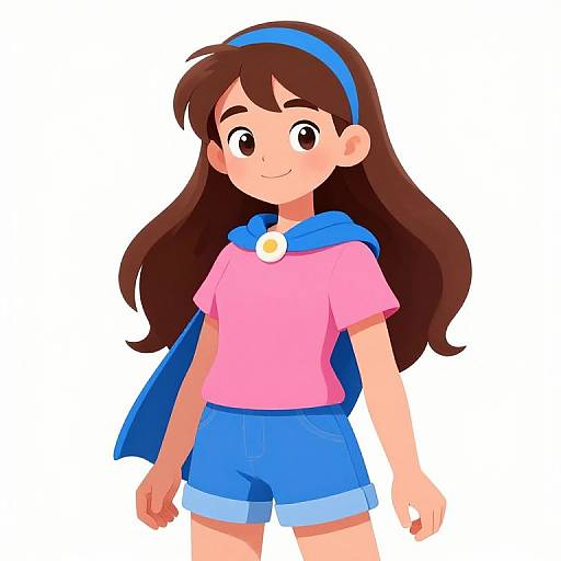Digital anime-style drawing of a smiling girl with long brown hair, blue headband, pink shirt, blue shorts, and blue cape.