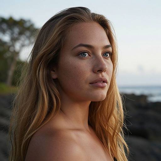 Photograph of a blonde, fair-skinned woman with blue eyes, freckles, and wavy hair, standing on a rocky beach with a
