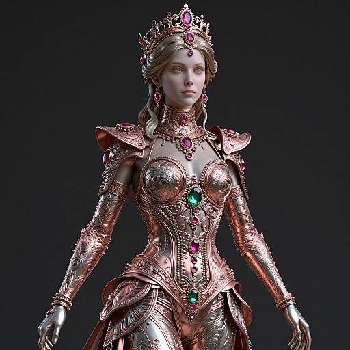 Digital 3D CGI of a regal, fair-skinned woman in ornate, metallic armor with purple and green gemstones, wearing a crowned