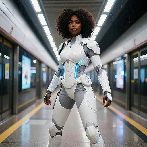 Futuristic Woman in White Body Armor in Subway