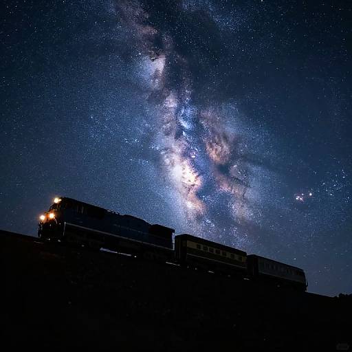 Photograph of a silhouetted train crossing against a stunning, star-filled night sky with the Milky Way prominently visible.