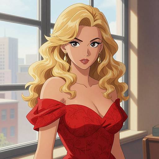 Digital anime-style drawing of a blonde woman with wavy hair, wearing a red off-shoulder dress, standing in a sunlit room.