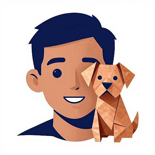 Digital illustration of a smiling man with short black hair and tan skin, holding a geometric, paper-like brown dog with black dots for eyes and nose.