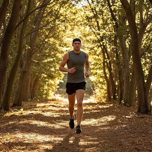 Photograph of a muscular man jogging on a sunlit forest path, wearing a gray tank top, black shorts, and cap, with trees lining both
