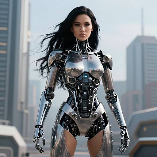 Digital artwork of a beautiful, black-haired woman in a futuristic, metallic robotic bodysuit, standing confidently in a cityscape with tall buildings and blurred