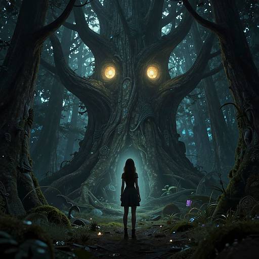 Digital fantasy artwork: A lone girl with dark hair and dress faces a colossal, glowing-eyed tree in a mystical, moonlit forest.