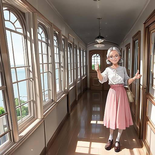 Young Woman Thumbs Up in Sunlit Hallway