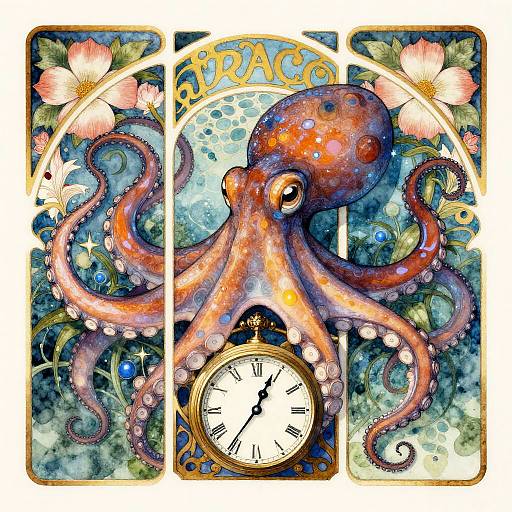 Art Nouveau Octopus with Clock and Flowers