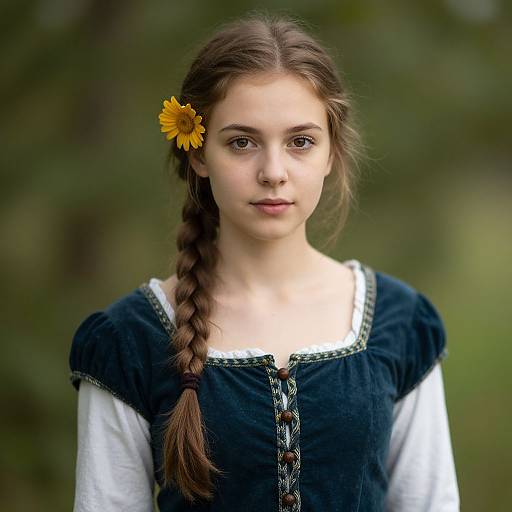 Photograph of a young girl with fair skin, brown hair in a braid, yellow flower, wearing a black and white traditional dress, against a