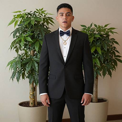Young man with short black hair, wearing a black tuxedo with a bowtie, stands in front of two potted plants against a white wall