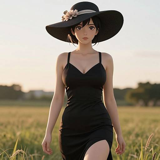 Anime-style photograph of a fair-skinned woman with black hair, wearing a black sundress and wide-brimmed hat, standing in a sunlit