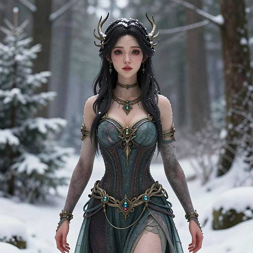 Digital artwork of a pale-skinned, dark-haired elf woman with antlers, wearing a teal, corset-style dress adorned with gold and turquoise,