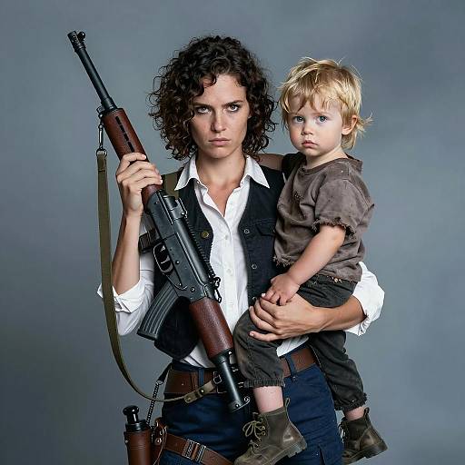 Intense Bond: Mother and Child with Rifle
