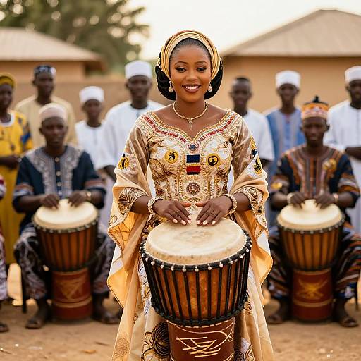 Photograph of a smiling African woman in ornate, beaded traditional dress playing a djembe drum, surrounded by seated male drummers in colorful
