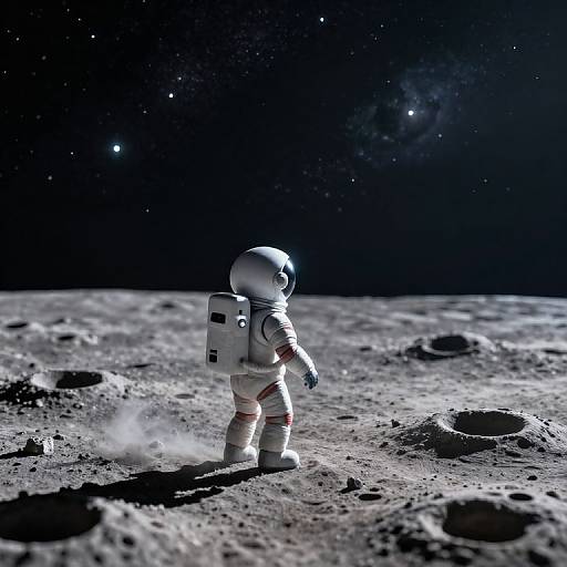 Photograph-like CGI of a small astronaut in a white spacesuit standing on a rocky, moonlit asteroid surface, gazing at a starry,