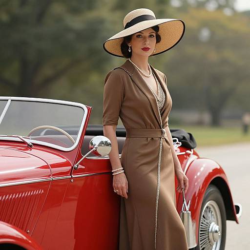 Photograph of a stylish woman in a brown dress and wide-brimmed hat, leaning against a red vintage convertible, outdoors.