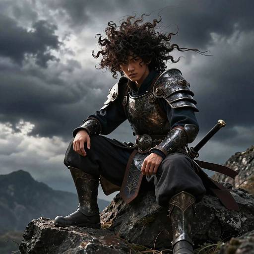 Photograph-style digital art of a curly-haired, armored warrior with intense gaze, crouching on rocky terrain under dramatic, cloudy sky. Sword at