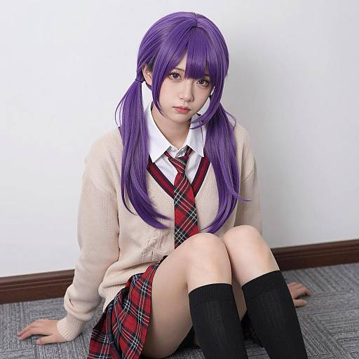 Asian Woman with Purple Hair in School Uniform Sitting on Floor
