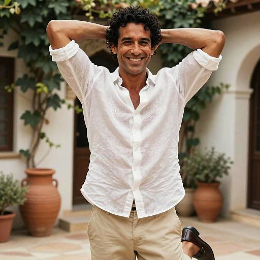 Photograph of a smiling, curly-haired man with medium skin tone, wearing a white button-up shirt and beige pants, standing outdoors with hands behind head