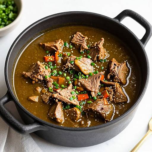 Photograph of a black pot filled with rich brown beef stew, garnished with green peas, red bell peppers, and chopped green onions.