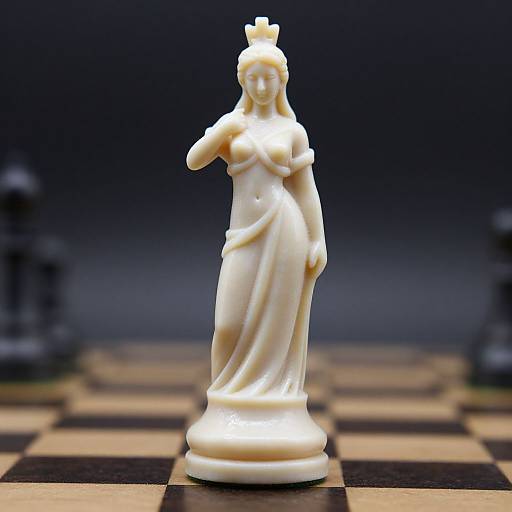 Photograph of a white, classical-style chess queen statue with a crown, standing on a black-and-white checkered chessboard. Dark, blurred background