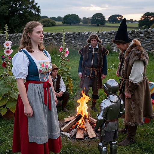 Photograph of medieval reenactment: young woman in German dress, knights, and armored child around campfire, stone wall, countryside background.