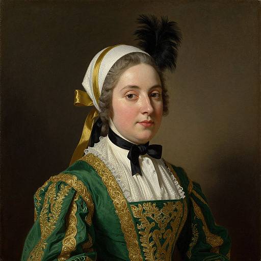 17th-century portrait of a young Caucasian woman in ornate green and gold dress with white lace collar, black feathered headdress, and dark background