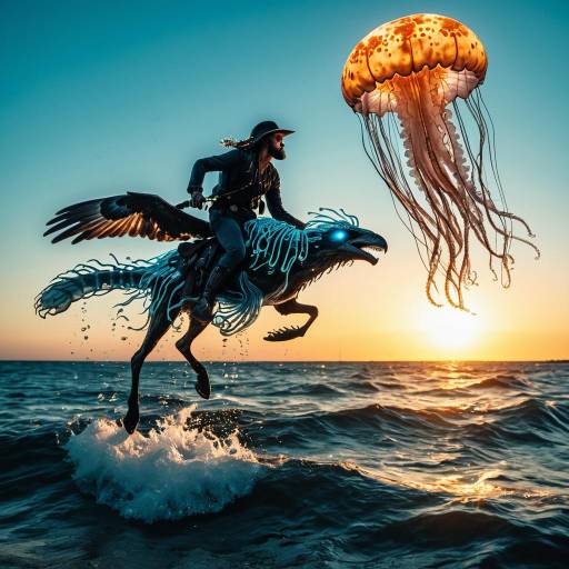 Alien Pirate Riding Bioluminescent Jellyfish Eagle at Sunset