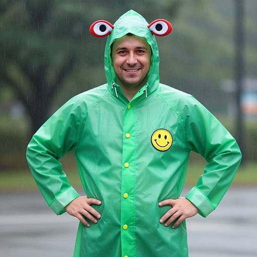Man in Playful Cartoon Raincoat